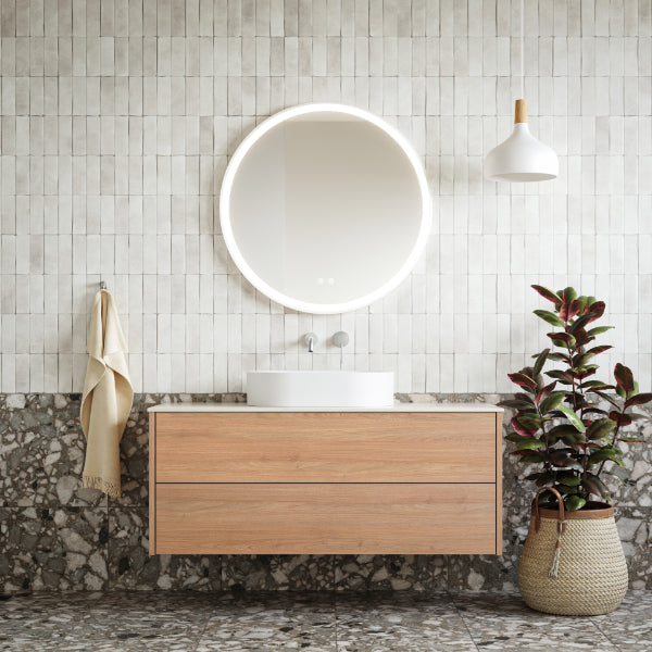 Ingrain Barrington 1200mm Sustainable Timber Vanity in Tasmanian Oak with Ingrain Round LED mirror, large grain terrazzo floor tiles and textural white wall tiles - The Blue Space