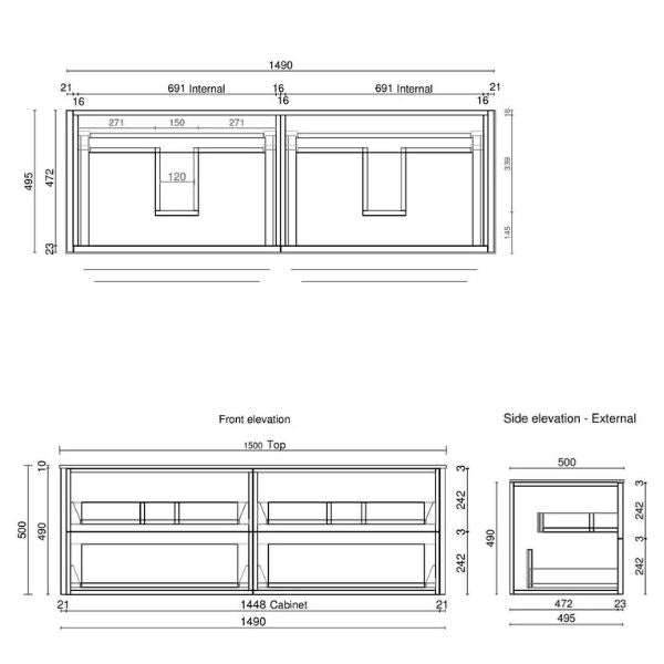 Ingrain Barrington Solid Timber Wall Hung Vanity 1500mm Technical Drawing - The Blue Space