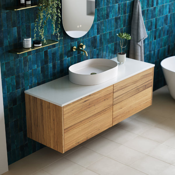 Ingrain Barrinton 1500mm Sustainable Timber Vanity in Blackbutt with white Evostone top and Nood Co basin - The Blue Space