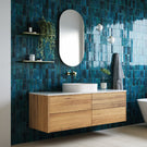 Ingrain Barrington 1500mm Salvaged Timber Vanity in Blackbutt with gold tapware, deep turquoise wall tiles and freestanding bath - The Blue Space