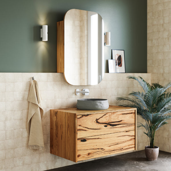 Ingrain Barrington 900mm Salvaged Timber Vanity in Messmate Timber with matching Ingrain Pingelly Shaving Cabinet, Phoenix Nuage tapware in white and Nood Co's Mill basin  - The Blue Space