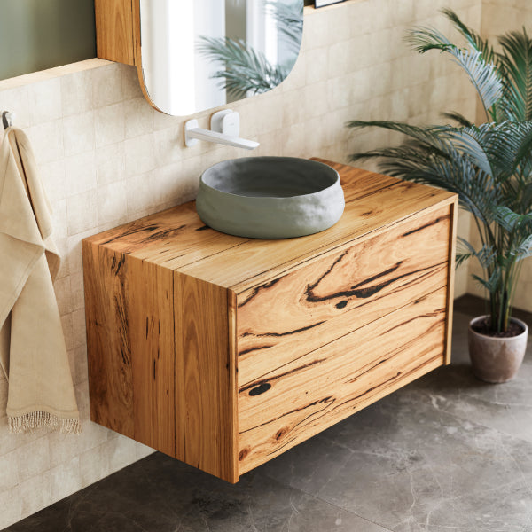 Ingrain Barrington 900mm Salvaged Timber Vanity in Messmate Timber with matching Ingrain Pingelly Shaving Cabinet with matching timber top in biophilic bathroom - The Blue Space