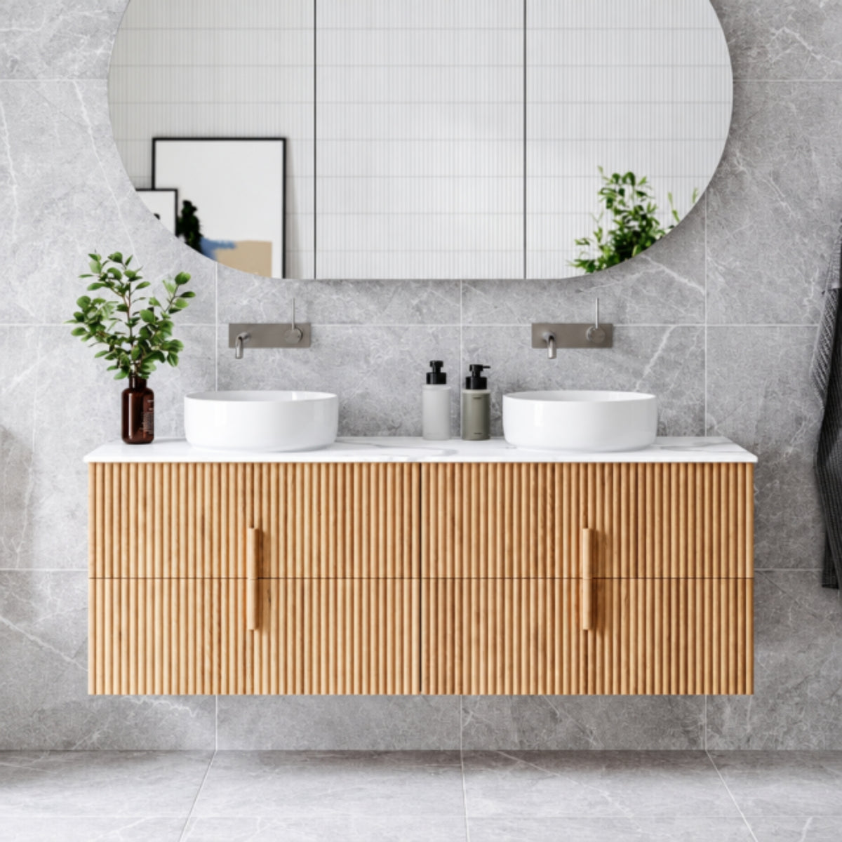 Ingrain Contoured Ash Wall Hung Vanity 1500 Double Basin Front New