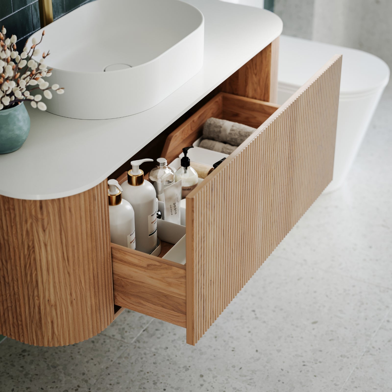 Ingrain Curved Fluted Wall Hung Vanity 1200mm with drawer open at The Blue Space