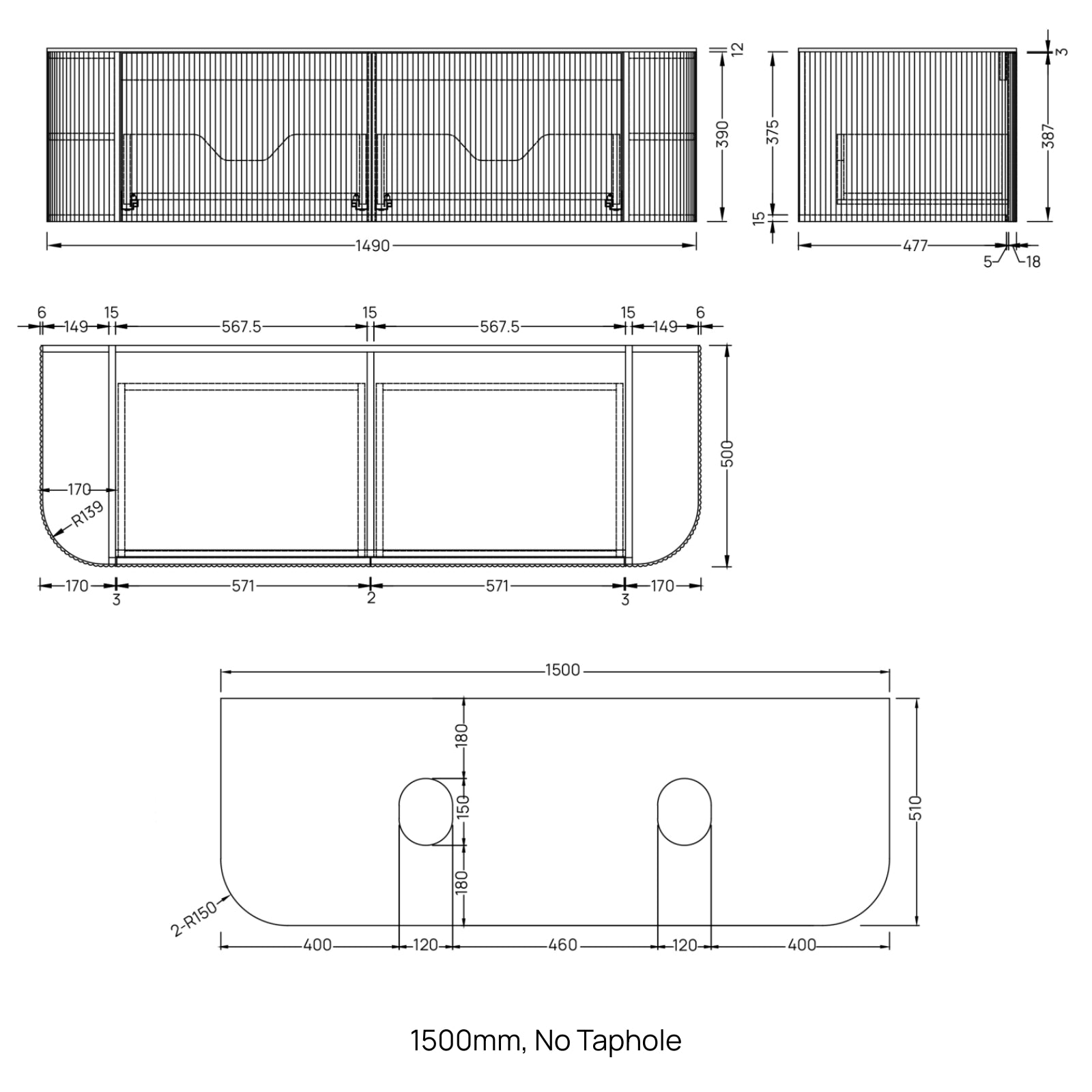 Ingrain Curved Fluted Wall Hung Vanity Dimensions 1500mm - The Blue Space