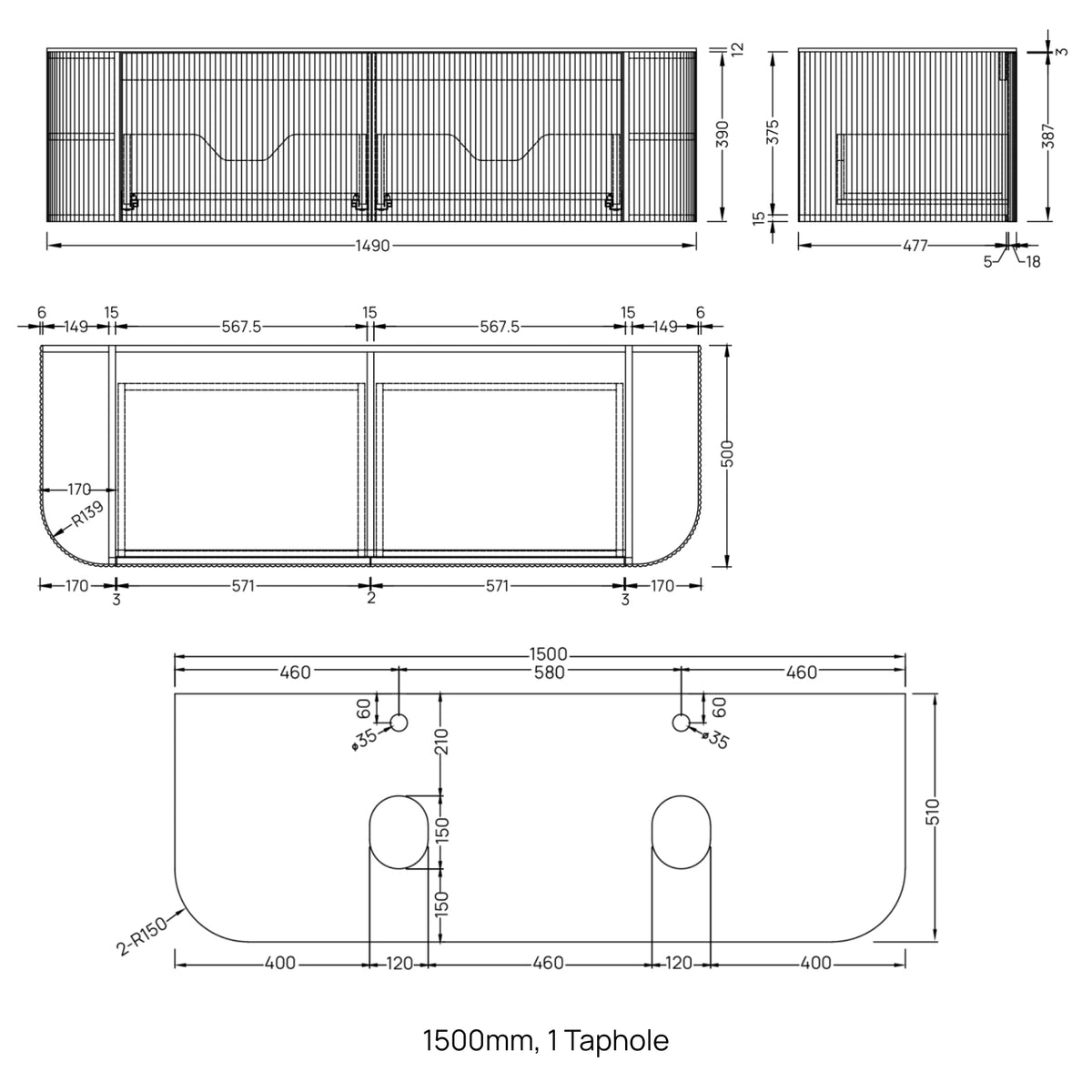 Ingrain Curved Fluted Wall Hung Vanity Dimensions 1500mm - The Blue Space