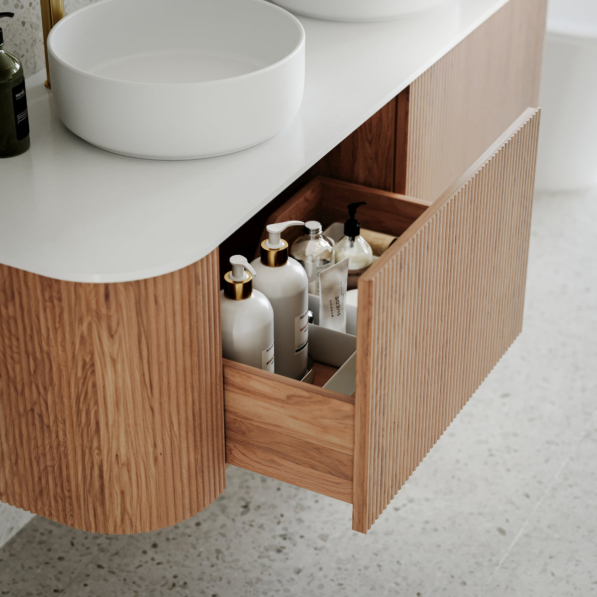 Ingrain Curved Fluted Wall Hung Vanity 750mm with drawer open at The Blue Space