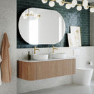 Ingrain Curved Fluted Wall Hung Vanity 1500mm Double Basin in bathroom with green tiles at The Blue Space