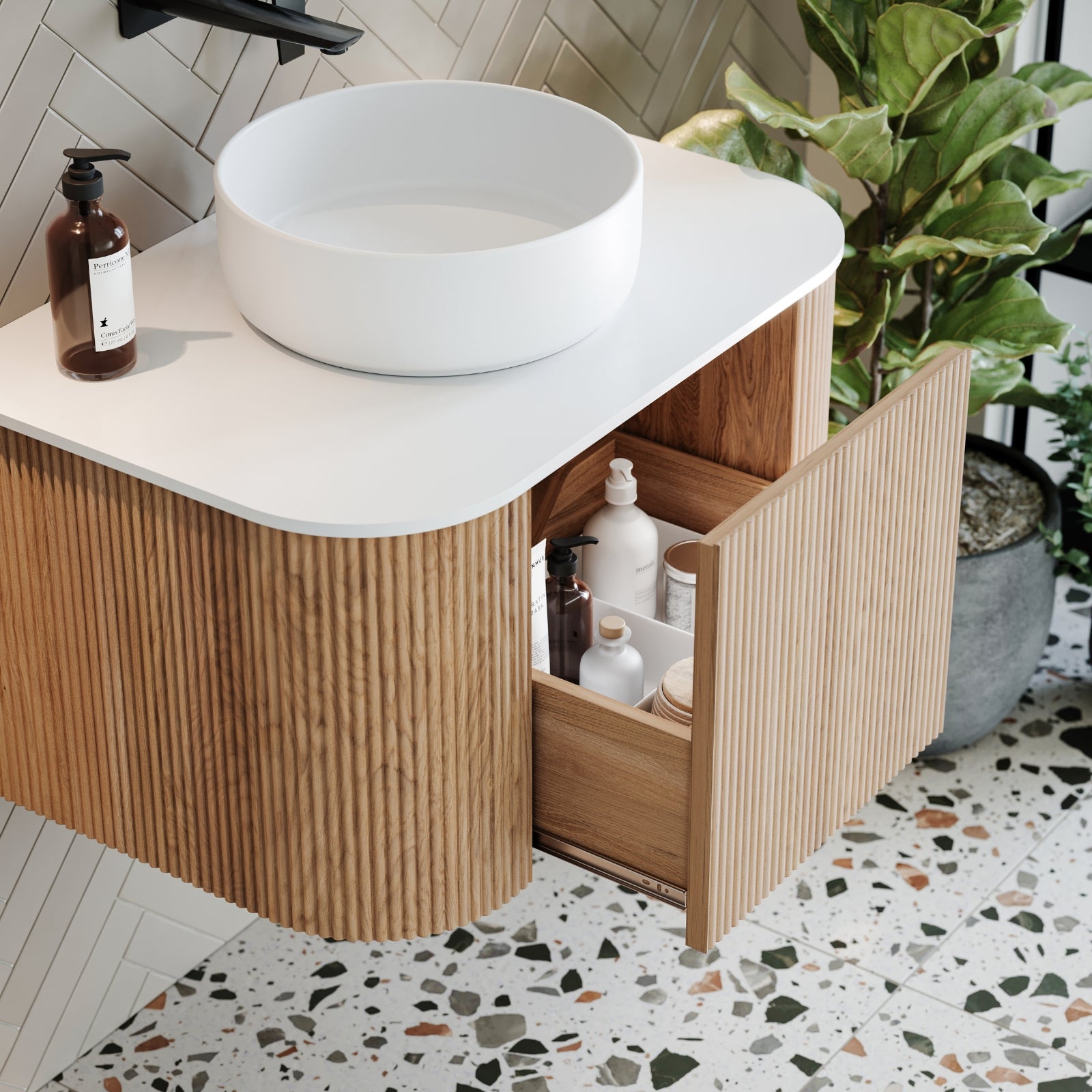 Ingrain Curved Fluted Wall Hung Vanity 750mm with drawer open at The Blue Space