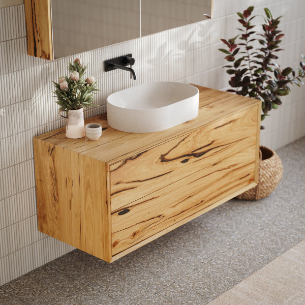 Ingrain Sustainable Australian Timber Vanity 1200mm in Messmate Timber. Hand crafted in NSW only at The Blue Space. Australian bathroom design.