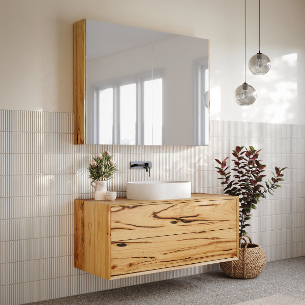 Ingrain Sustainable Australian Timber Vanity 1200mm in Messmate Timber. Hand crafted in NSW only at The Blue Space. Large airy bathroom design.