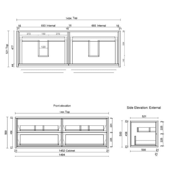 Ingrain Solid Timber Dandenong 1500 Wall Hung Vanity Technical Drawing - The Blue Space
