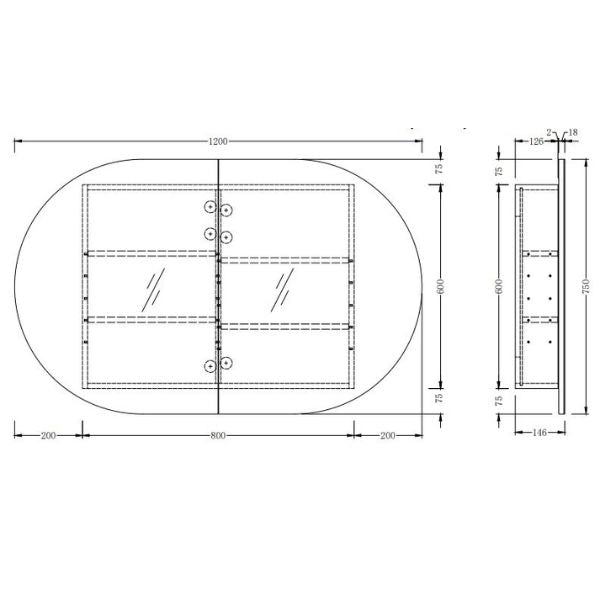 Inagrain Ash Horizontal Pill 1200mm Shaving Cabinet Technical Drawing - The Blue Space