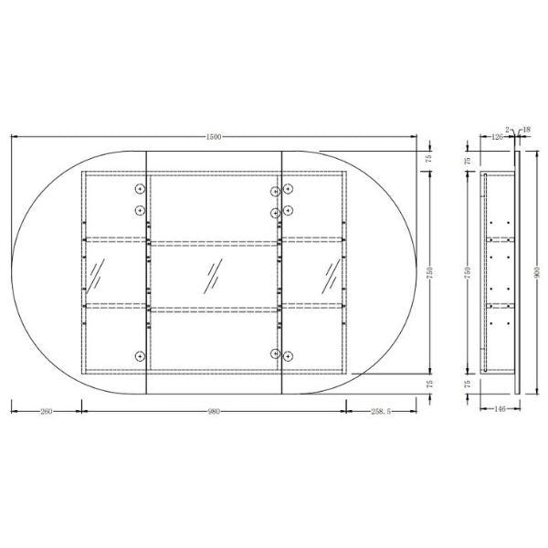 Inagrain Ash Horizontal Pill 1500mm Shaving Cabinet Technical Drawing - The Blue Space