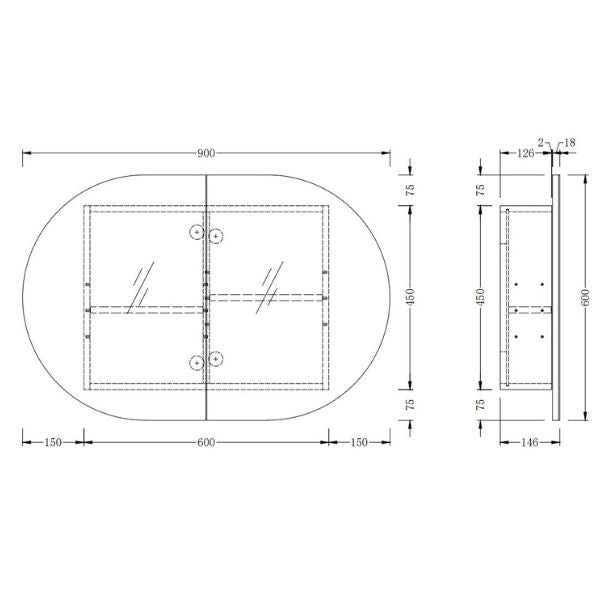 Inagrain Ash Horizontal Pill 900mm Shaving Cabinet Technical Drawing - The Blue Space
