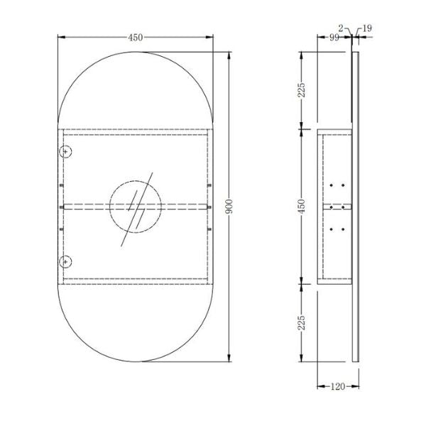 Ingrain Ash Pill Shaving Cabinet 450mm x 900mm Technical Drawing - The Blue Space