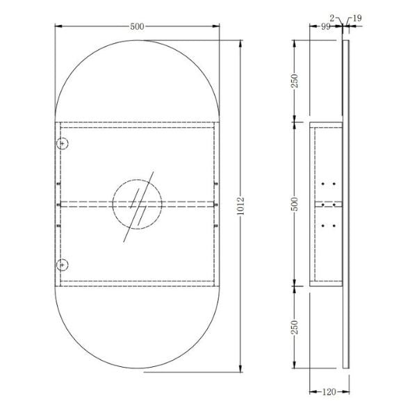 Ingrain Ash Pill Shaving Cabinet 500mm x 1012mm Technical Drawing - The Blue Space
