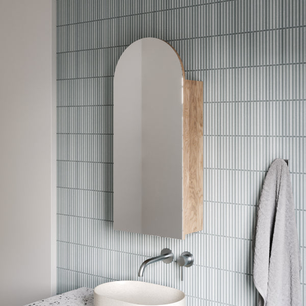 Ingrain Ash Arched 400 Shaving Cabinet with Castaways Silver Sage Gloss KitKat Tiles - The Blue Space