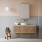Ingrain Grooved Vanity with Ash LED Shaving Cabinet in warm marble bathroom - The Blue Space