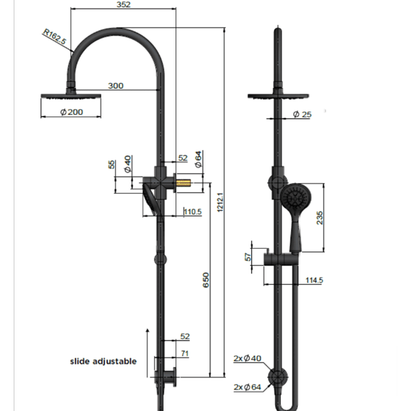 Technical Drawing - Meir Curved Combination Shower Rail 200mm, 3 Function Hand Shower Lustre Bronze