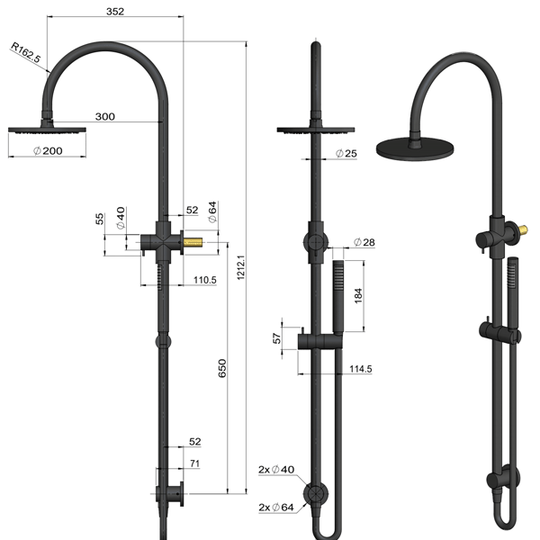 Technical Drawing - Meir Curved Combination Shower Rail 200mm Rose & Hand Shower Lustre Bronze