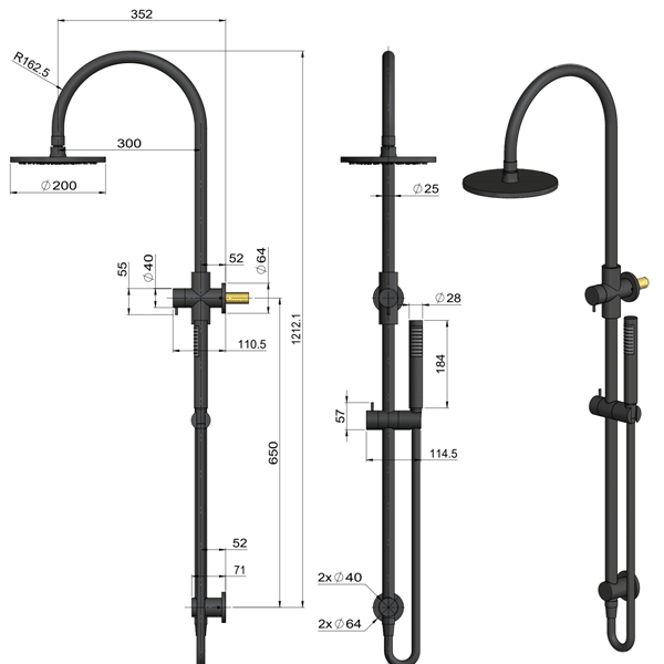 Meir Curved Combination Shower Rail 200mm Rose & Hand Shower Lustre Bronze