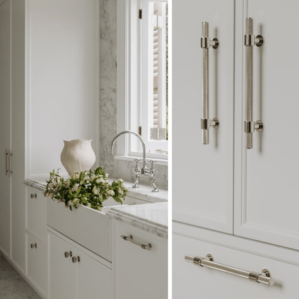 Momo Handles Belgravia Knurled in polished nickel featured in Hamptons style kitchen - The Blue Space