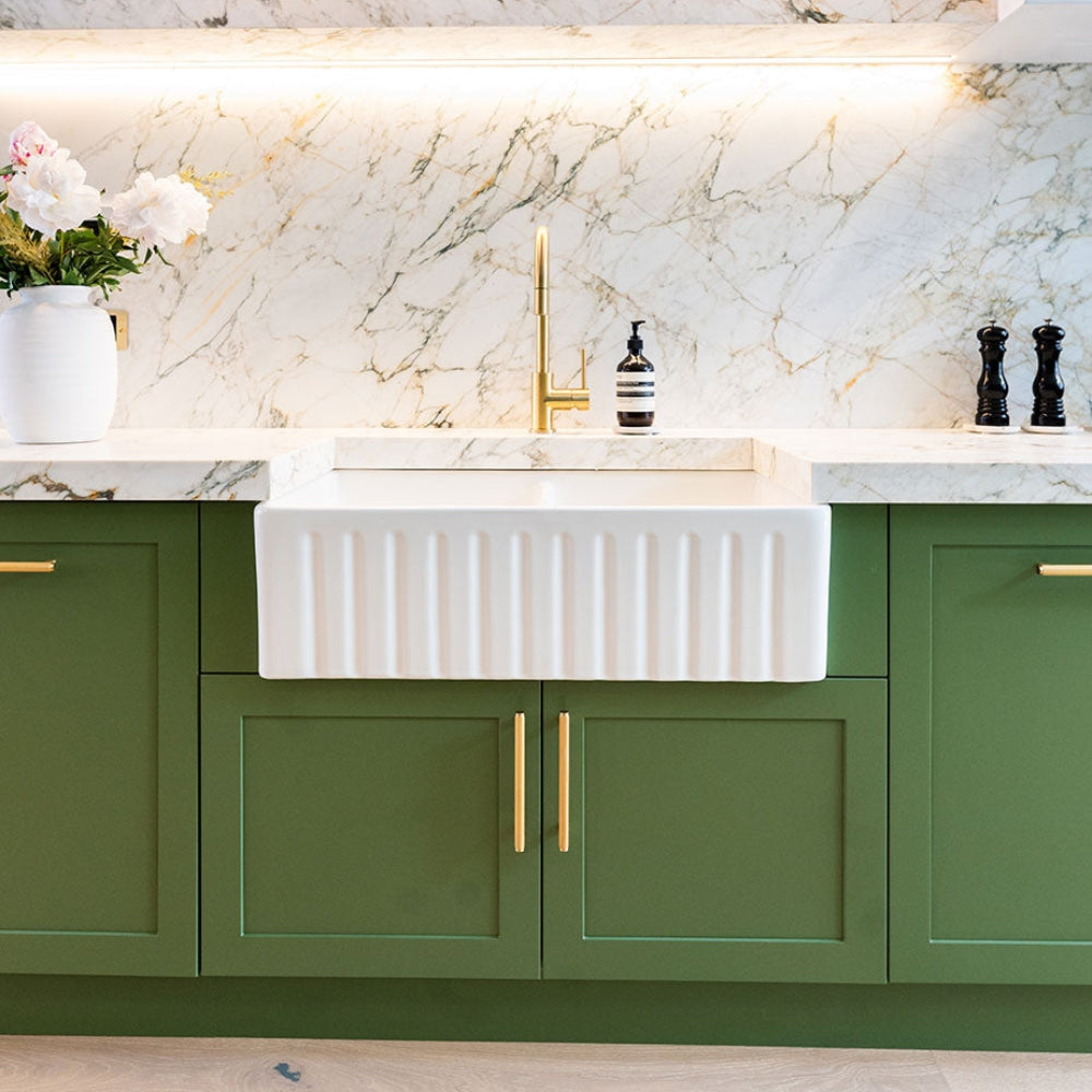 Momo Handles Bellevue Lined in Satin Brass in Green Kitchen - The Blue Space