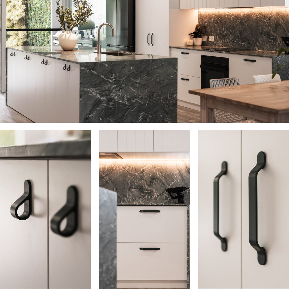 Momo Handles Belt in Matte Black finish featured in Modern marble kitchen - The Blue Space