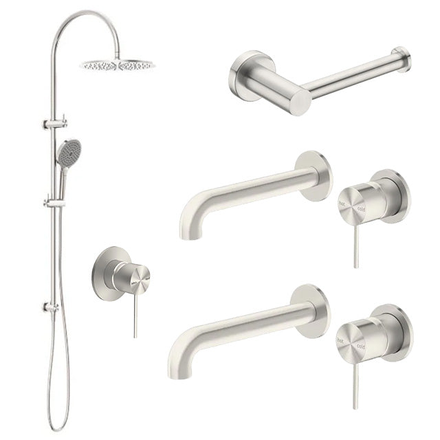 Nero mecca brushed nickel tapware package including taps, shower and toilet roll holder