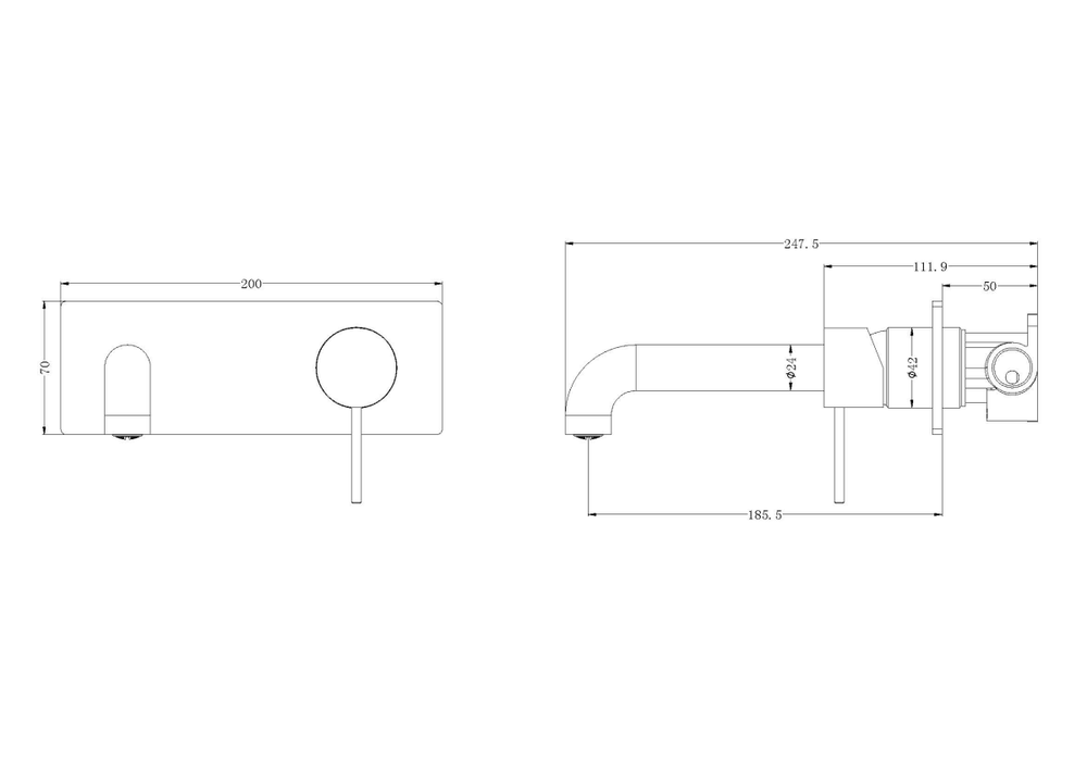 Technical Drawing: Nero Mecca Wall Basin Mixer 185mm Spout Brushed Gold
