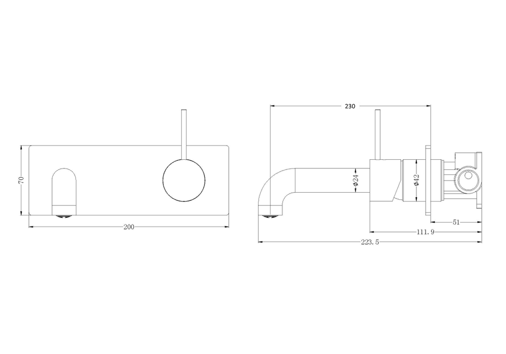 Technical Drawing: Nero Mecca Wall Basin Mixer Handle Up 230mm Spout Brushed Gold