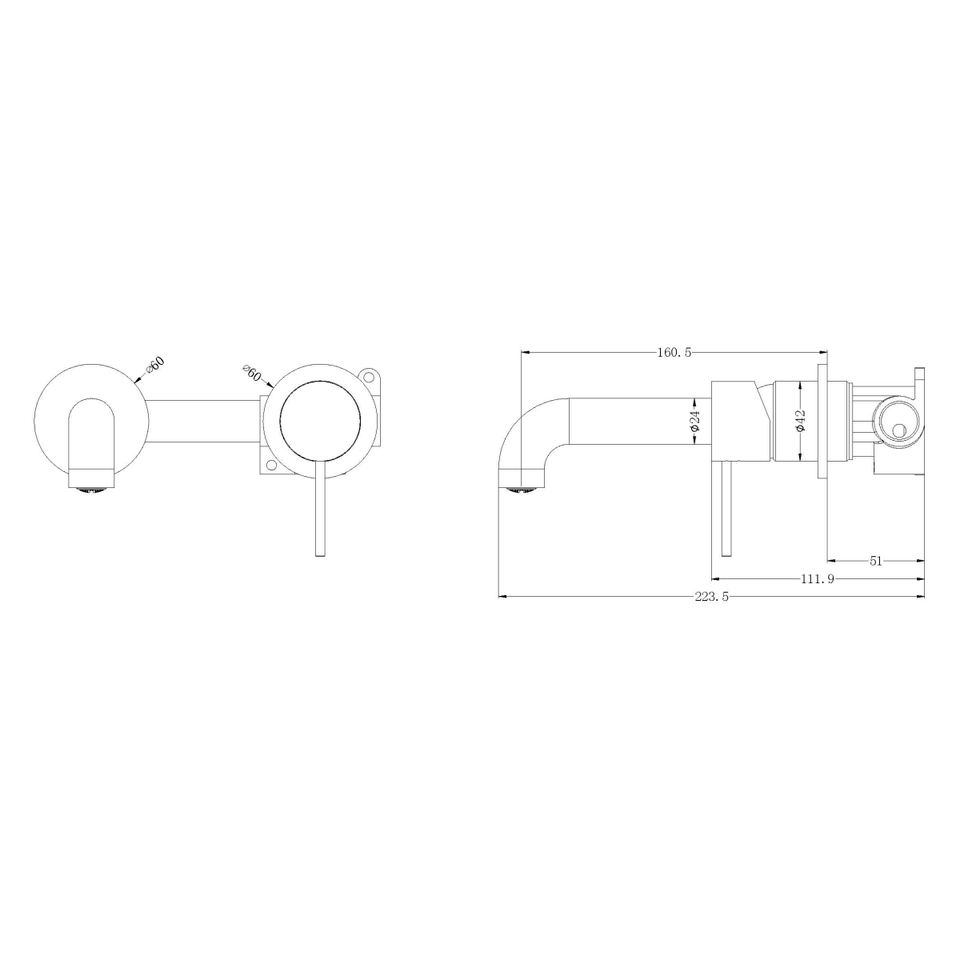 Nero Mecca Wall Basin/Bath Mixer Separate Back Plate Handle Up 160mm Matte Black