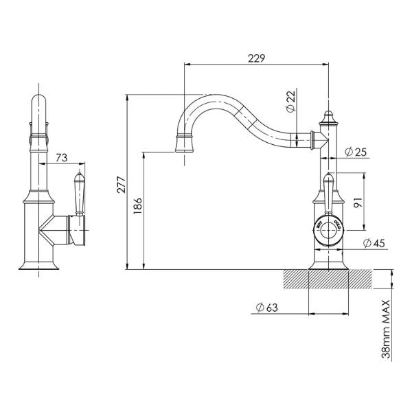 Technical Drawing - Phoenix Nostalgia Sink Mixer 220mm Shepherds Crook - Chrome