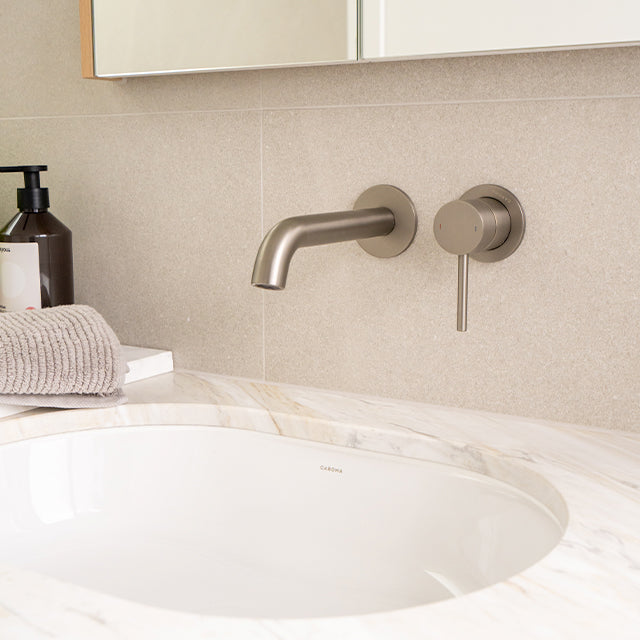 Caroma Liano II Lead Free Wall Basin/Bath Mixer Set Brushed Nickel