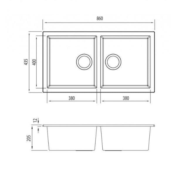 Oliveri Santorini Double Bowl Undermount Granite Sink White Technical Drawing at The Blue Space