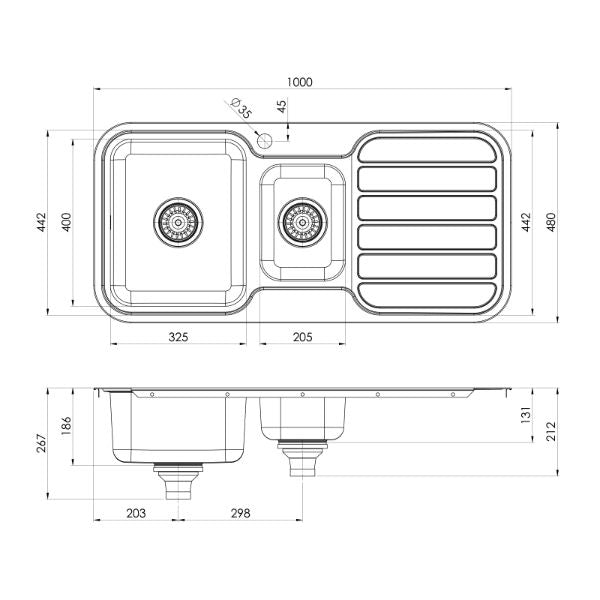 Phoenix 1000 Series 1-1/3 Bowl Sink 1000 x 480mm - Left Hand - line drawing