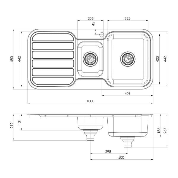 Phoenix 1000 Series 1-1/3 Bowl Sink 1000 x 480mm