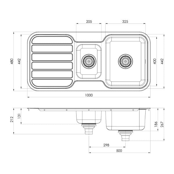 Phoenix 1000 Series 1-1/3 Bowl Sink 1000 x 480mm - No Holes - line drawing
