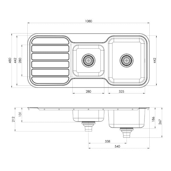 Phoenix 1000 Series 1-3/4 Bowl Sink 1080 x 480mm - No Holes - line drawing