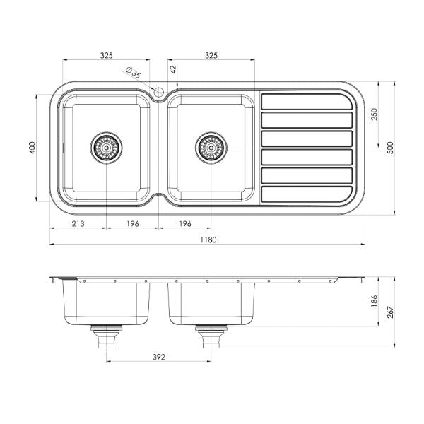Phoenix 1000 Series Double Bowl Sink 1180 x 500mm