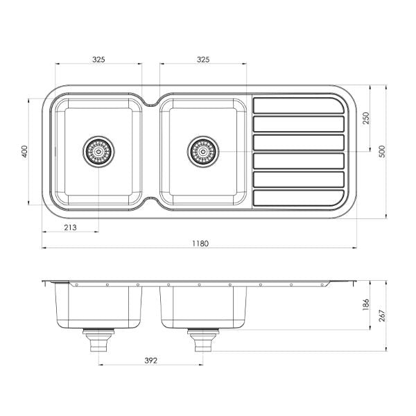 Phoenix 1000 Series Double Bowl Sink 1180 x 500mm - no holes - line drawing