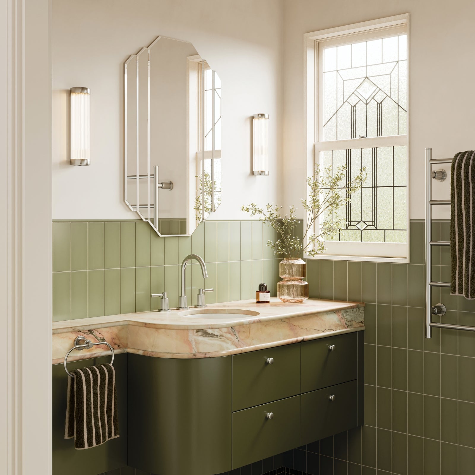 Phoenix Wiltern in Green, Art Deco Style Bathroom with Brushed Nickel Tapware and Accessories - Available at The Blue Space