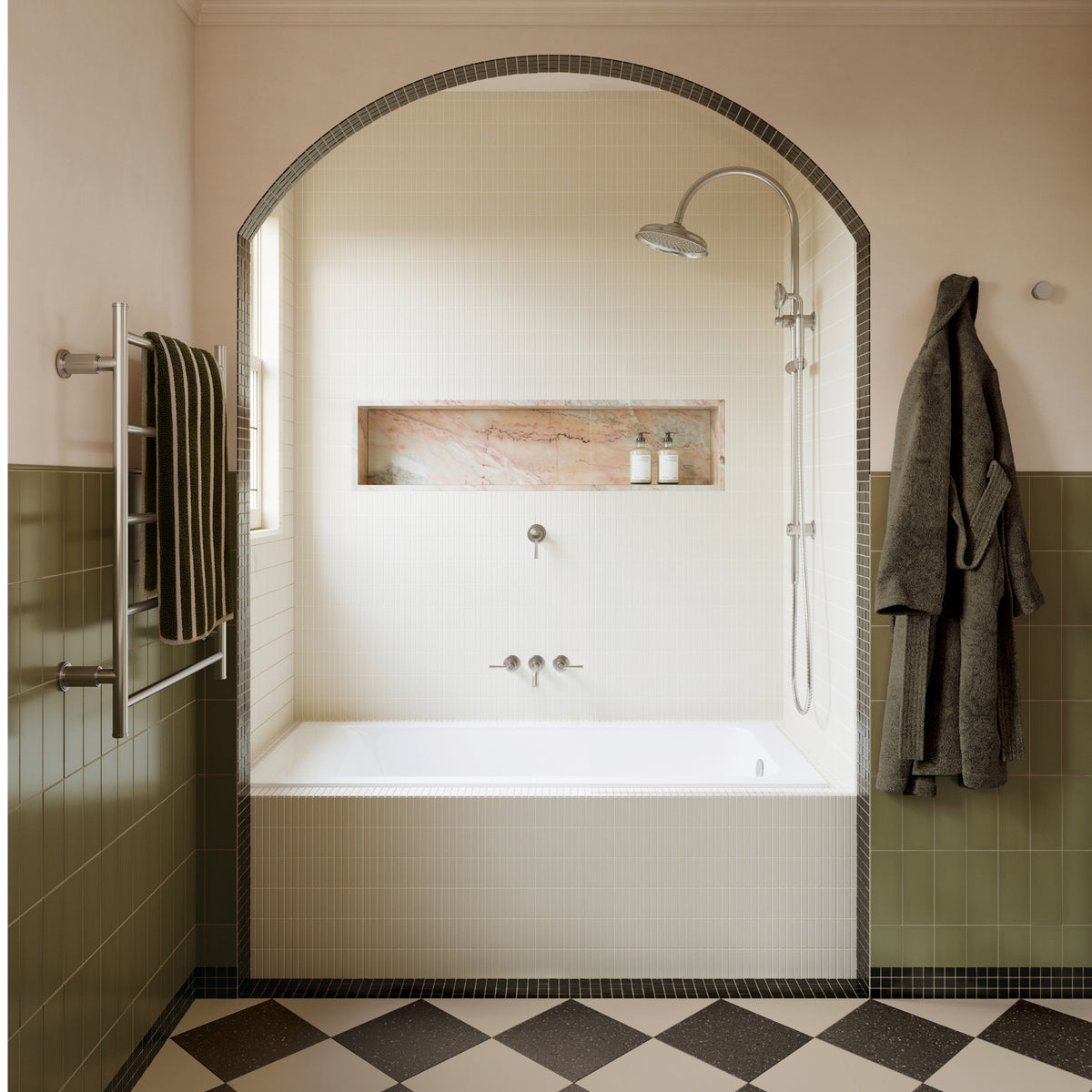 Art Deco Bathroom with checkered tile floor - Phoenix Wiltern available at The Blue Space