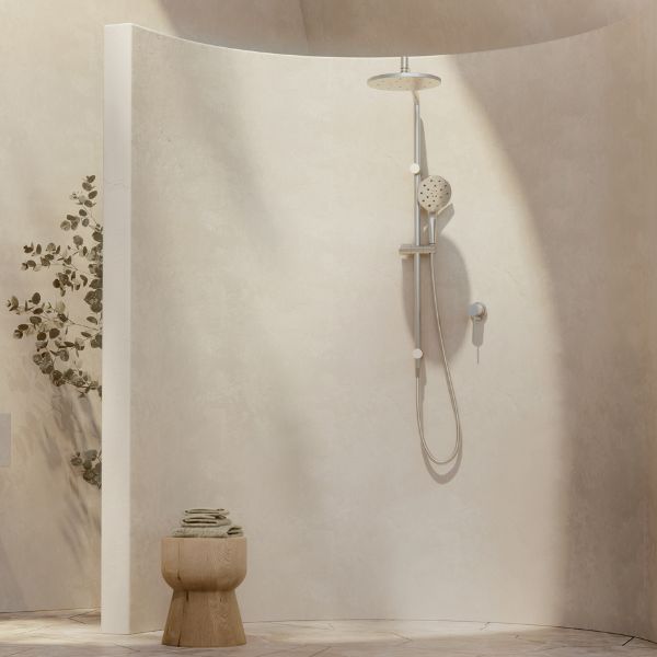 Phoenix Ormond Luxe XP Twin Rail Shower on Venetian plaster curved wall - The Blue Space