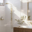 Phoenix Tapware Oxley LuxeXP Twin Rail Shower in luxe bathroom design with organic finishes - The Blue Space