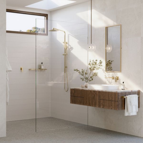 Phoenix Tapware Oxley LuxeXP Twin Rail Shower in natural textured bathroom design - The Blue Space