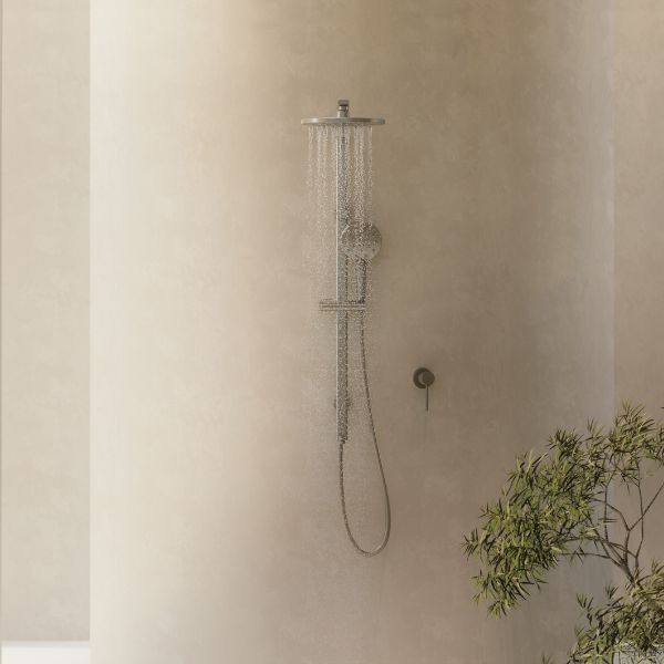 Phoenix Oxley Luxe XP Twin Rail Shower in Brushed Nickel operation - The Blue Space