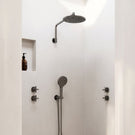 Phoenix Tapware Ormond LuxeXP High Rise Wall Shower with Ormond Hand Shower in bathroom with Venetian plaster walls
