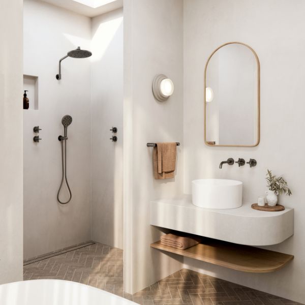 Phoenix Tapware Ormond LuxeXP High Rise Wall Shower with Ormond Hand Shower in earthy, nature bathroom